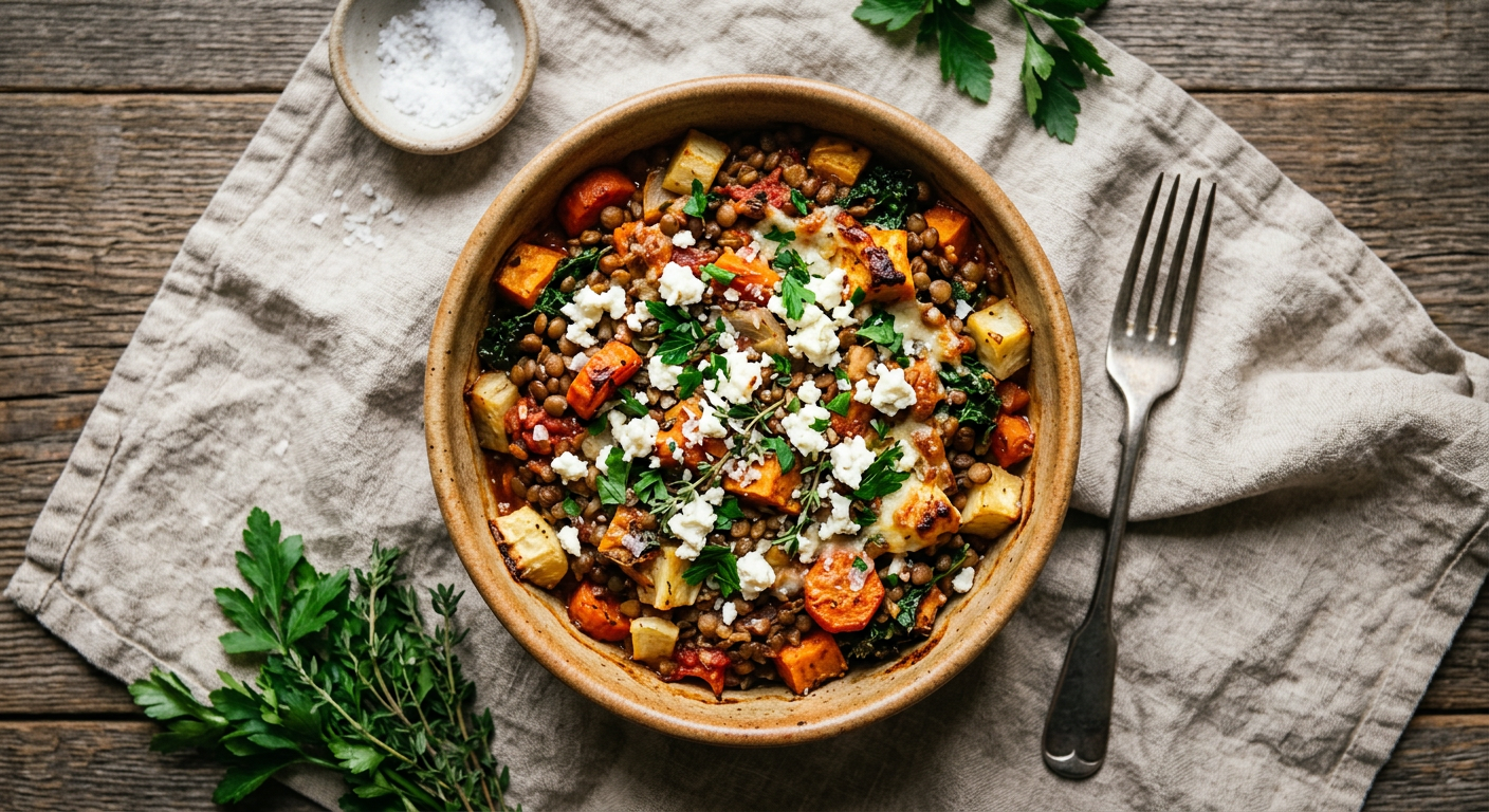 Hearty Lentil & Root Veggie Bake with Feta