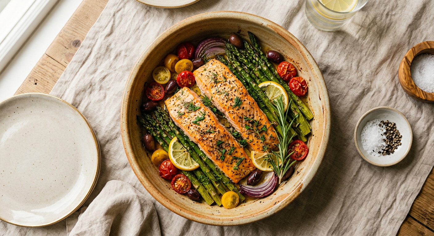 Mediterranean Salmon & Asparagus Bake