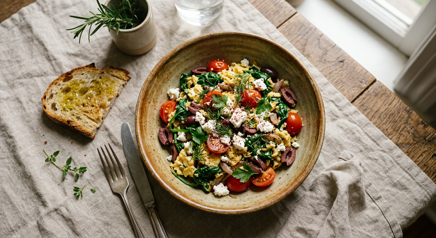 Mediterranean Scramble with Feta & Spinach