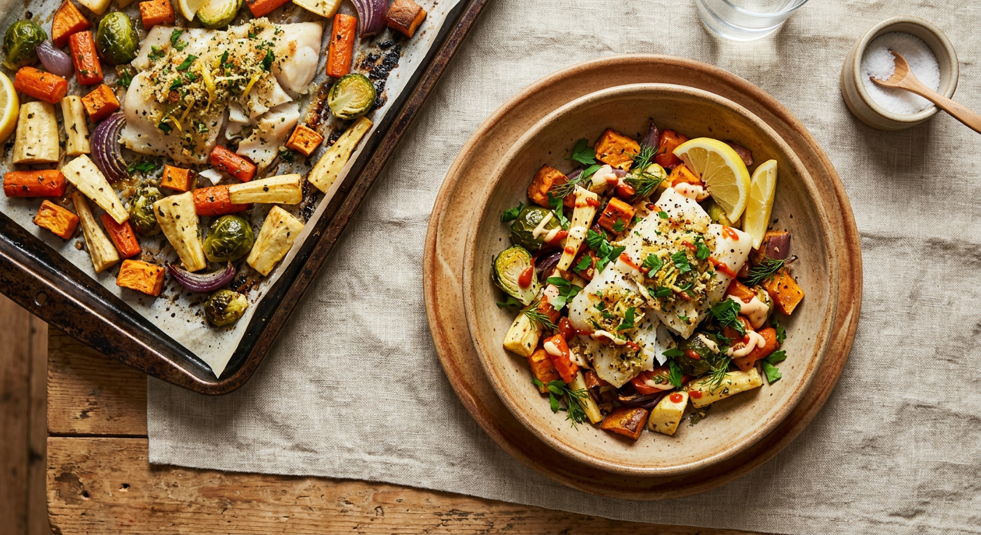 Sheet Pan Haddock & Root Veg Roast
