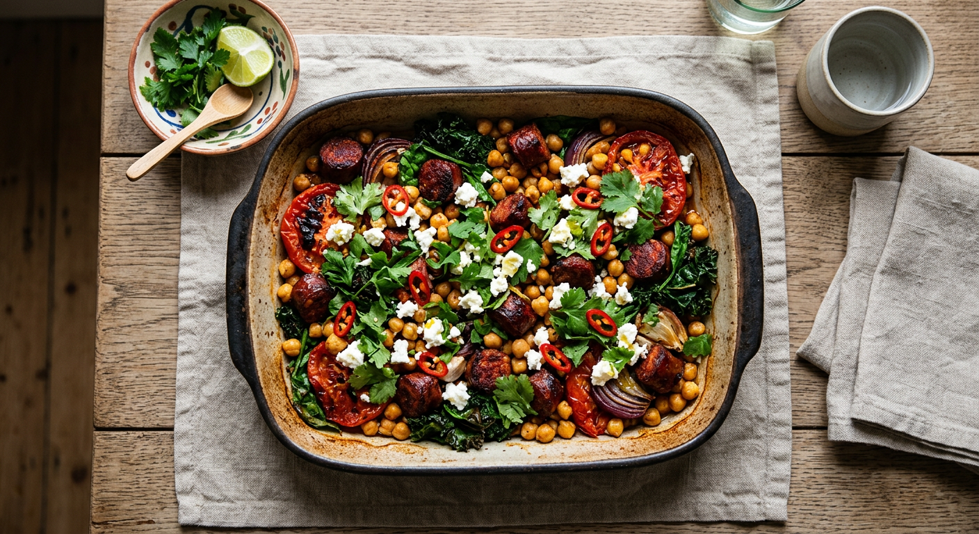 Spicy Chorizo & Chickpea Traybake with Greens