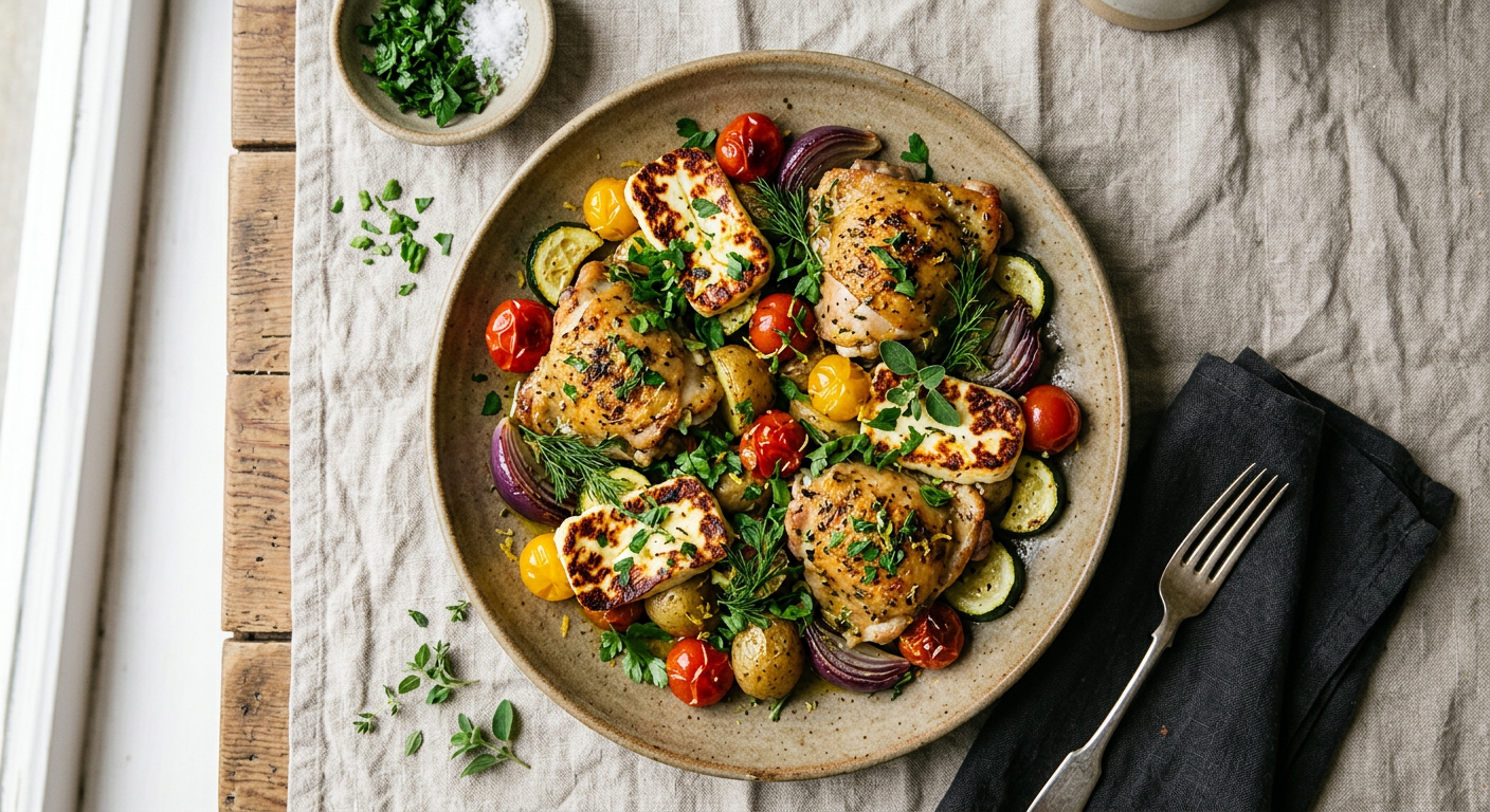 Sunshine Chicken & Veggie Traybake with Halloumi